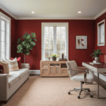 a room with red walls and a desk and couches