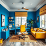 a room with blue walls and yellow furniture