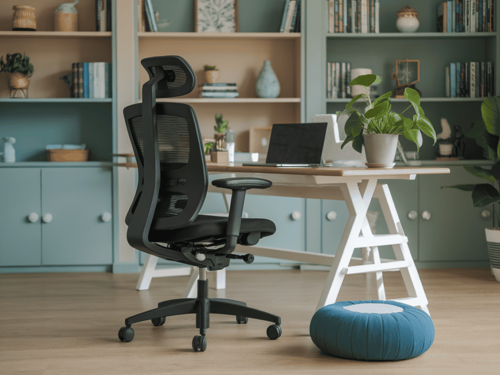 a chair next to a desk