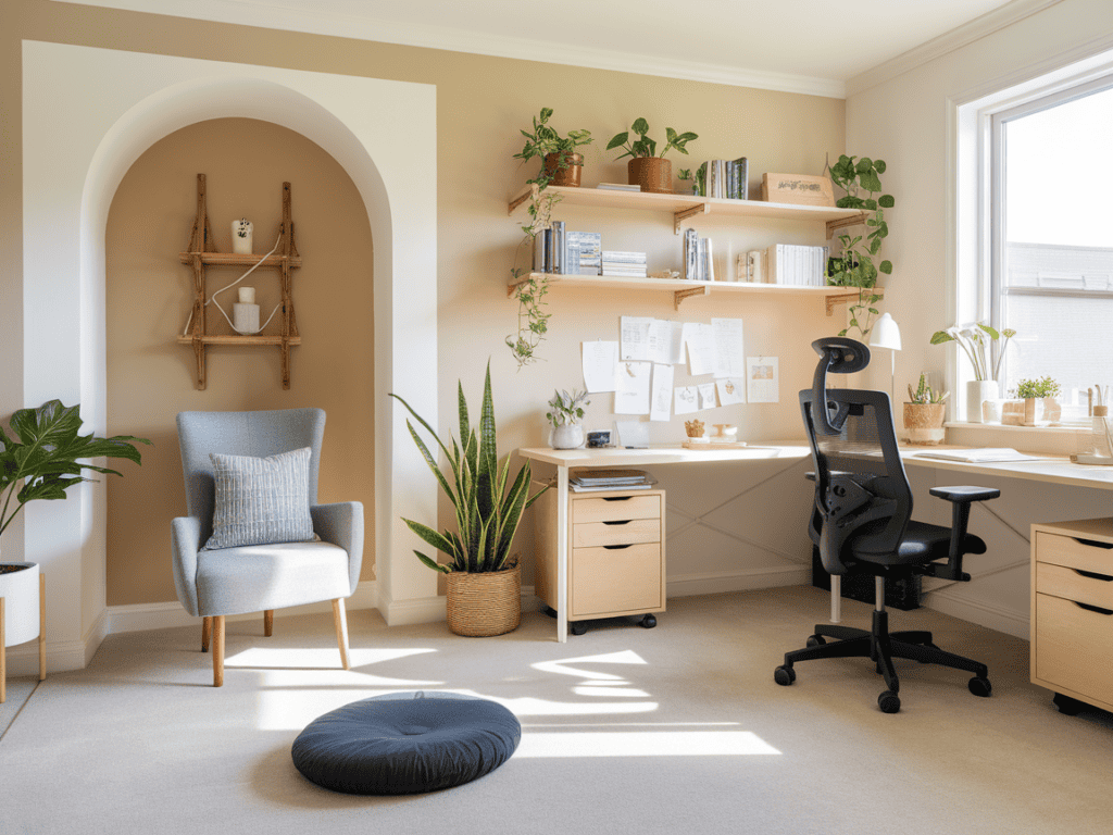 a room with a chair and a desk